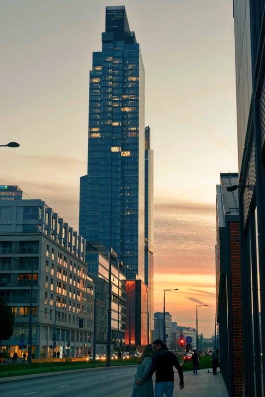 12 - The Warsaw Unit office tower in Warsaw, Poland, during sunset